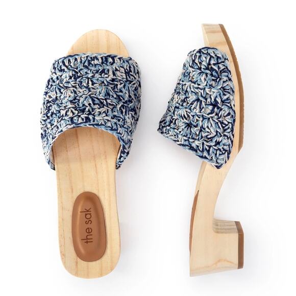 NIB The Sak Ella Hand Crochet Wooden Platform Clog Sandals 8 Blue Static Shell - Picture 2 of 10